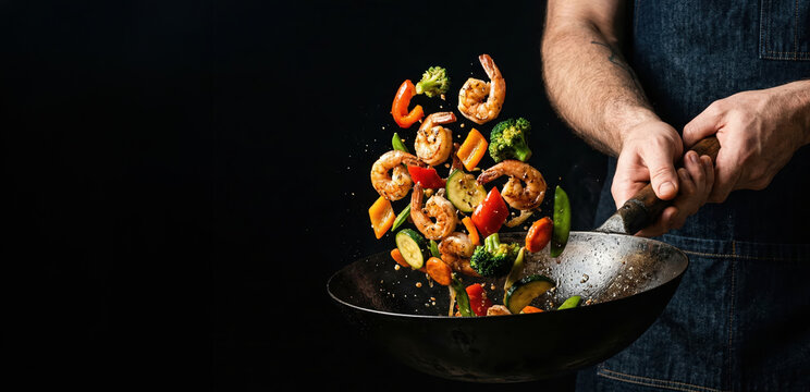 A chef stands in a dark kitchen and uses a wok to stir fry shrimp and colorful vegetables. The food is lifted in the air in a lively motion, showing action in cooking