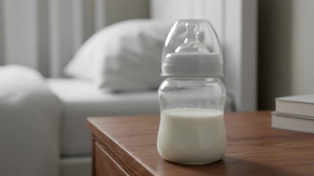 Baby bottle filled with milk on bedside table in cozy bedroom  