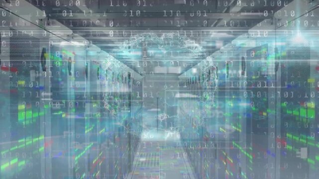 Animation of binary coding data processing and human brain icon against computer server room