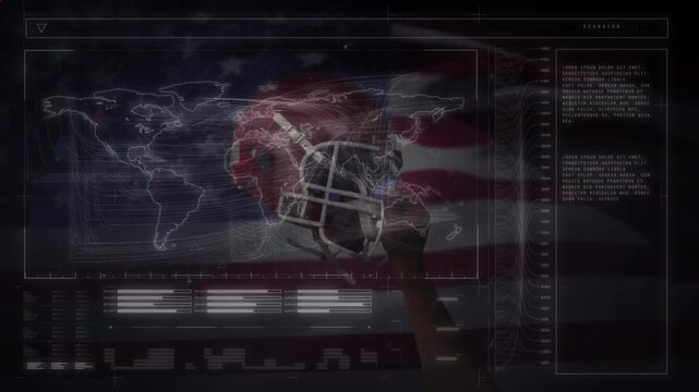 Animation of interface with data processing against male rugby player wearing a helmet