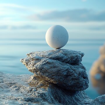 Harmony of Stone and Sphere: A serene composition showcases a perfectly balanced sphere atop weathered stones, against a backdrop of the calm sea and sky, evoking a sense of tranquility and balance.