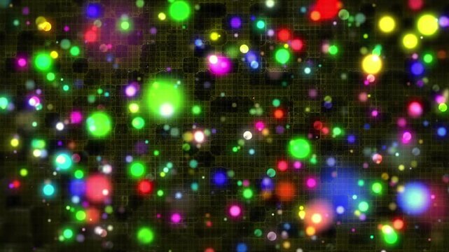 Animation of multicolored circles with bokeh effect and abstract pattern over black background