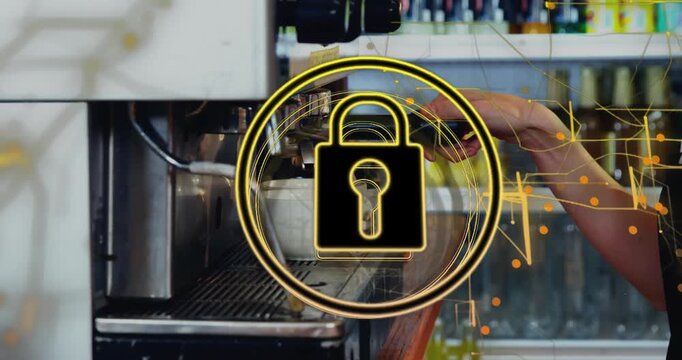 Animation of padlock in circle, abstract pattern over cropped hand of woman using coffee machine