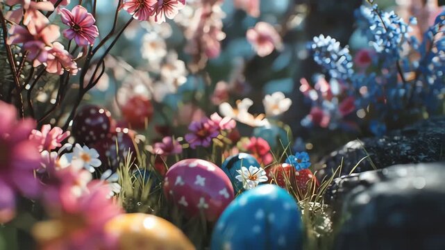 Easter bunny sitting with painted eggs among colorful tulips in bright spring garden