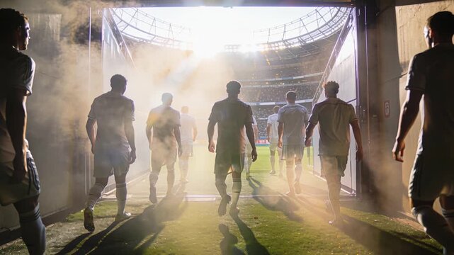 Players march onward. Athletes proceed through tunnel with determination