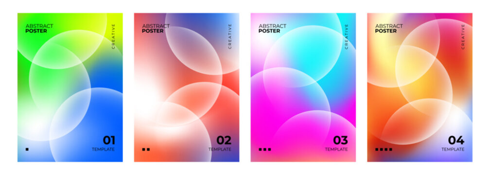 Set of futuristic abstract posters. Vibrant blurred gradients and defocused white spheres for creative graphic design. Vector illustration.	