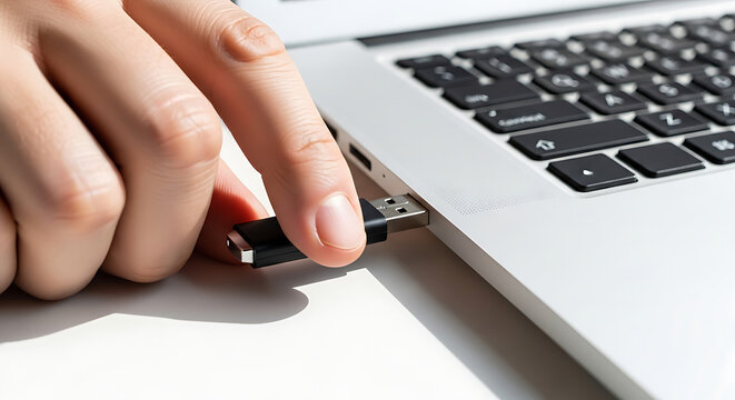 Person connecting a universal serial bus flash drive to a laptop's port for digital data transfer and secure file storage