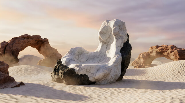 Eco-friendly podium mockup in eroded rock formations in a desert landscape with sandy dunes and cloudy sky.