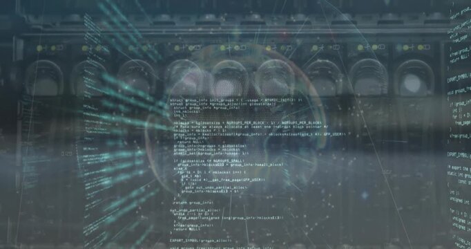 Animation of globe, dots and computer language over back panel of server data storage