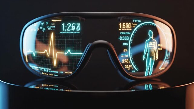 Futuristic wearable smart glass with augmented reality for health and fitness monitoring. Innovative tech displaying vital biometric data on screen