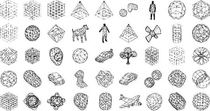 Hand-drawn sketch collection of diverse 3D wireframe models and solid objects including geometric shapes, human figures, animals, vehicles, and nature elements.