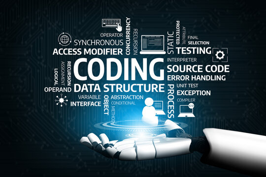 A futuristic robotic hand showcases various coding and programming concepts against a digital backdrop, emphasizing innovation and advanced technology in the coding world. Tessel