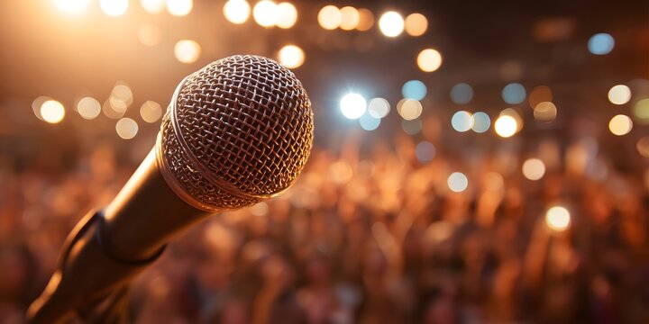 Close-up microphone on stage with blurred audience and warm lights in background, live concert performance concept showcasing music, public speaking and entertainment event atmosphere
