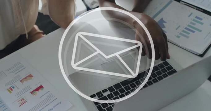 Animation of email icon and data processing over diverse business people in office