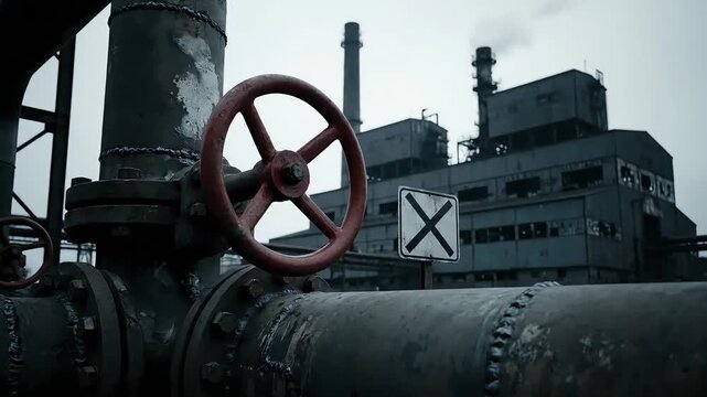 industrial landscape of an old factory with a close up of a rusty pipe and a red valve against smoking chimneys concept of industrial decline ecology and energy crisis