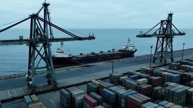 aerial view of maritime cargo terminal with rows of colorful containers massive cranes and bulk carrier at pier reflecting scale of international logistics and sea trade