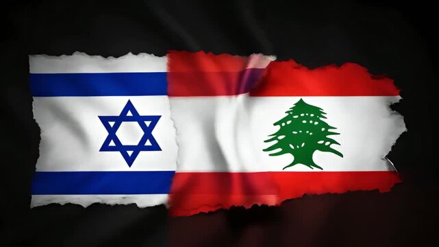 animation of waving flags of israel and lebanon separated by torn edge in center of frame highlighting complexity of international relations and current political situation
