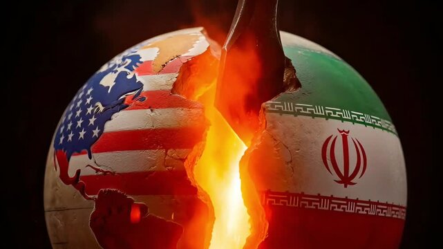 symbolic video where red hot metal wedge splits globe painted in colors of usa and iran flags under sparks and glow emphasizing global scale of international tension