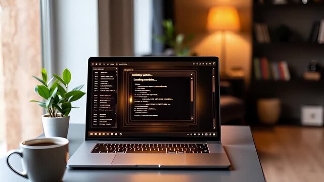 modern laptop on a desk in a cozy interior with system loading and code on the screen near coffee and plant