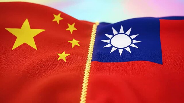 chinese and taiwanese flags joined by a golden seam waving in the wind conceptual video symbolizing complex relations inseparable connection and political tension