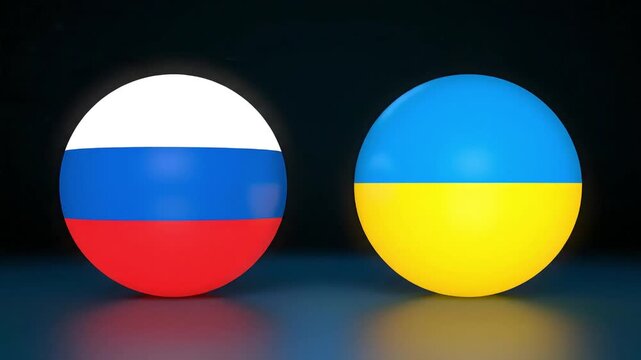two spheres in the form of flags of russia and ukraine rotating on a dark background conceptual 3d animation symbolizing international tension and geopolitical standoff