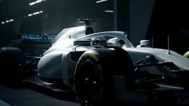 white racing car without sponsors in a dark garage modern aerodynamics and design of the car of the future conceptual 3d render emphasizing the power of sports engineering