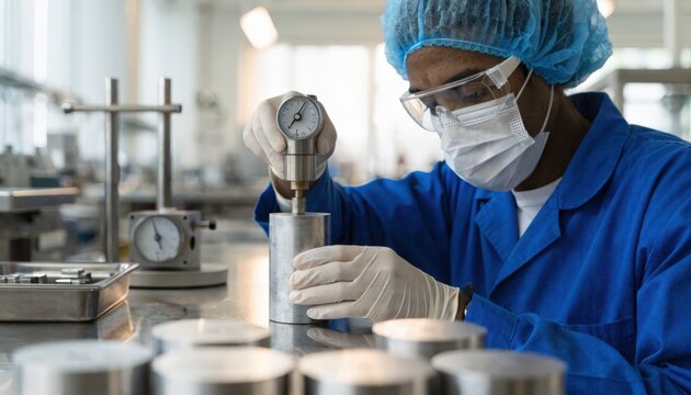 Scientist conducting hardness tests on refined nonferrous metal samples in a controlled QC lab setting ensuring material strength and durability standards.