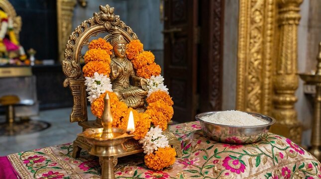 Mahavir jayanti festival setup with golden statue of Jain tirthankara adorned in marigold and jasmine garlands. Traditional diya lamp and rice offering on colorful altar cloth for spiritual worship