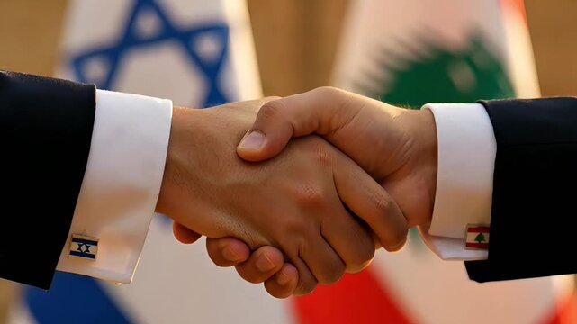 close up of a handshake between representatives of israel and lebanon concept of diplomatic breakthrough and search for ways to peaceful coexistence of regions in middle east