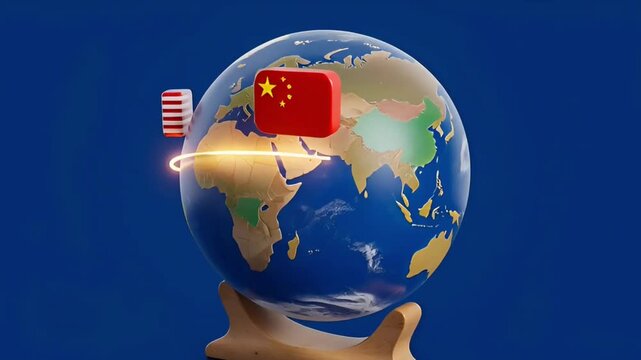 globe with flags of the usa and china connected by a communication line concept of global trade and world competition with influence of two superpowers on world processes