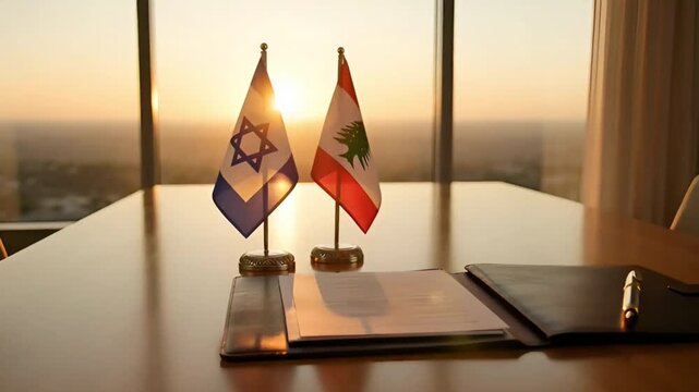 flags of israel and lebanon on the negotiation table next to a folder and a pen concept of signing a peace treaty and official settlement of disputes with diplomatic mission