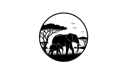 Elephant and baby silhouette badge with acacia tree African wildlife savanna vector logo design © MdShojib