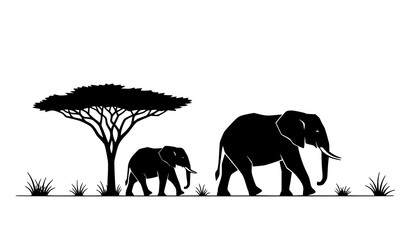 Minimalist elephant and calf silhouette with acacia tree modern African savanna vector illustration © MdShojib