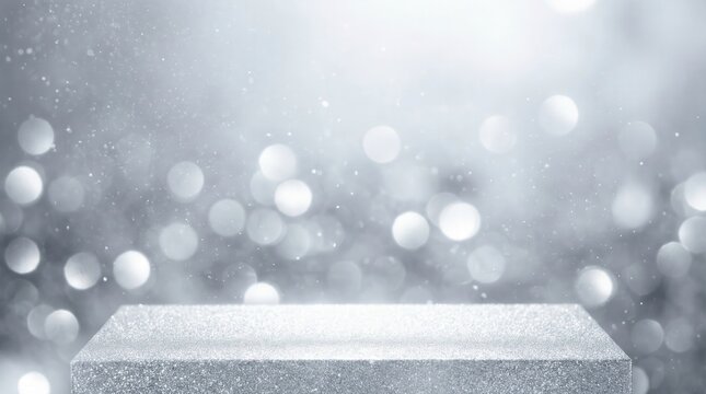 Silver glitter podium with shimmering bokeh lights for product display background