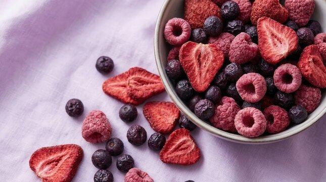 Mixed freeze-dried berries in ceramic bowl scattered on purple linen fabric