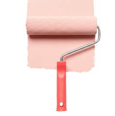 Obraz premium Pink paint roller applying fresh coat on wall with clean texture, minimal renovation concept isolated on background