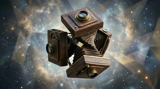 Surreal Floating Vintage Wooden Box Camera with Multiple Lenses in Space Background with Stars and Nebulas, Conceptual Art of Cosmic Photography and Universal Perspective