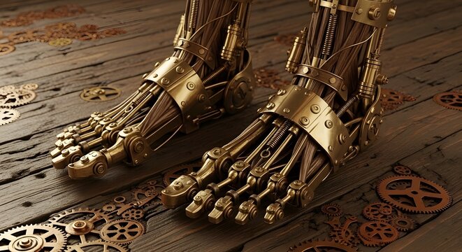 Pair of robot feet with hydraulic components and copper wires standing on old wooden floor.