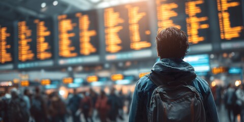 Obraz premium Young traveler looking at airport departure board with blurred crowd in background, modern travel concept showing journey planning, global connectivity and solo adventure lifestyle