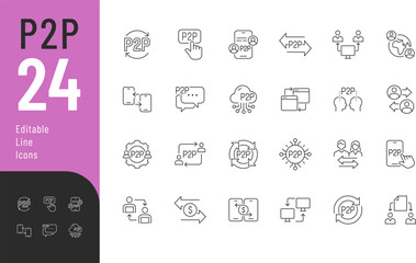 Peet to Peer Line Editable Icons set. Vector illustration in modern thin style of technology related icons: money transfer, digital payment, decentralized network, and more. 