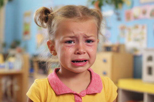 A young child with tearful eyes cries in a classroom setting, captured in a close-up that emphasizes emotion, vulnerability and early childhood distress.
