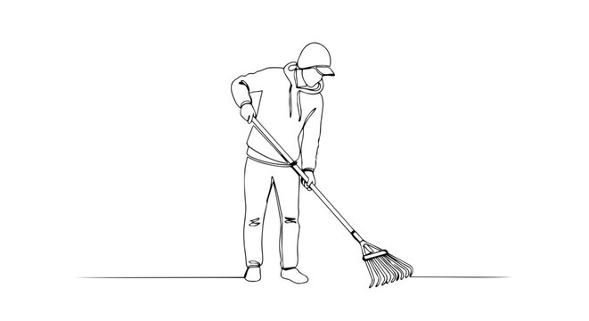 Person raking the ground in a garden. Continuous one line drawing vector illustration. Yard maintenance and spring cleaning concept