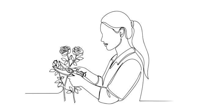 Woman pruning rose bush with shears. One line drawing minimalist vector illustration. Spring gardening and floristry concept