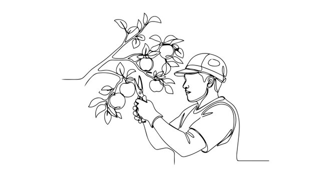 Man pruning fruit branch one line drawing. Continuous line art of gardener trimming orchard tree. Minimalist vector illustration