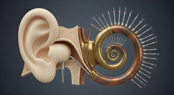 A human ear anatomy model combined with a copper and brass steampunk themed cochlear mechanism.