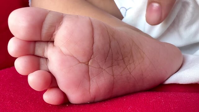 Close-up video of a newborn baby&rsquo;s soft foot resting on a red fabric surface, showing delicate skin texture and tiny toes. Warm natural lighting highlights innocence, comfort, and early childhood det