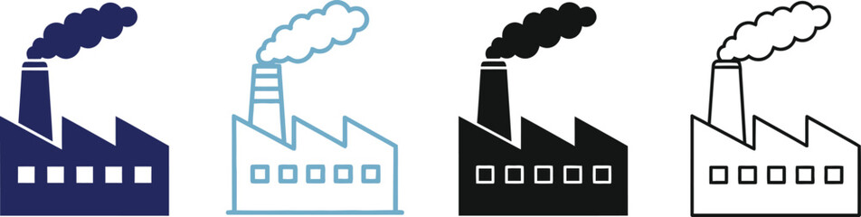 Naklejka premium Industrial, factory, smoke, icon, set, manufacturing, plant, pollution, industry, production, chimney, building, engineering, technology, silhouette, outline, vector, illustration, collection, design