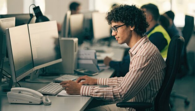 Quiet shift at securities backoffice with a staff member calmly verifying trade records on dual displays the rest of the operations center gently unfocused.