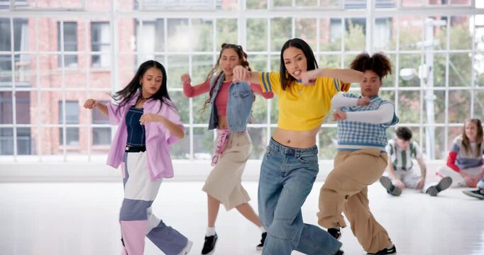 Dancing, friends and studio for hip hop, performance and movement practice for rehearsal together. Choreography, freestyle and talent for beat, routine and support with gen z group and fun energy