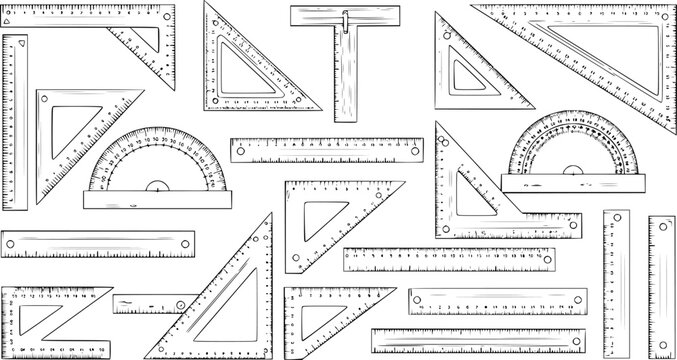 Hand-drawn sketch collection of geometric measuring and drafting tools, including various rulers, set squares, protractor, and T-square, on a white background.